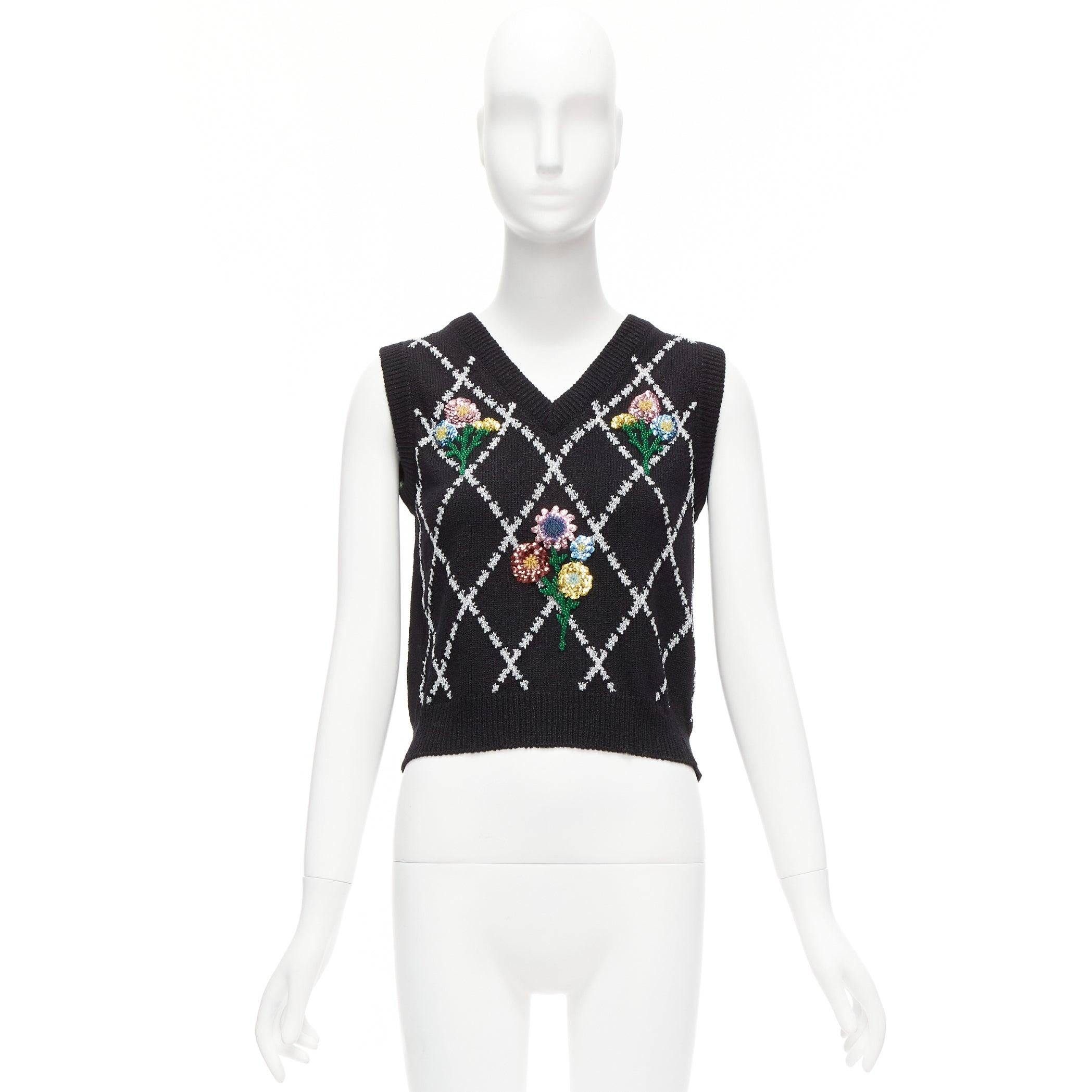 GUCCI black silver diamong argyle floral embellished sweater vest S For Sale 4
