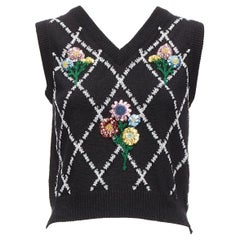 GUCCI black silver diamong argyle floral embellished sweater vest S
