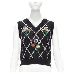 GUCCI black silver diamong argyle floral embellished sweater vest S