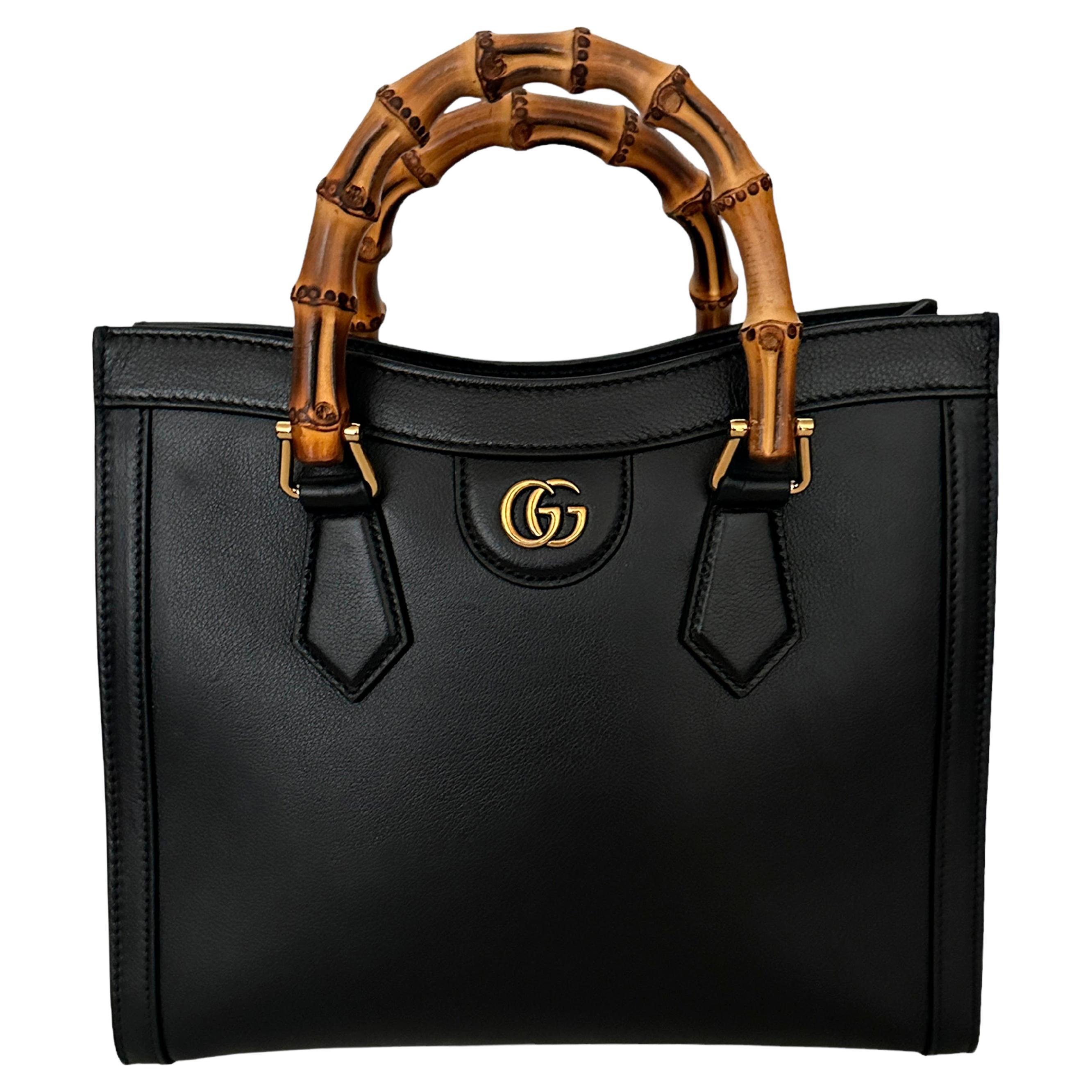 Gucci Black Small Calfskin Leather Diana Bamboo Bag w/ Crossbody Strap