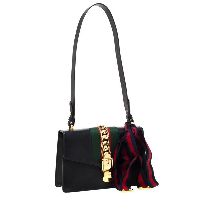 Women's Gucci Black Small Leather Web Chain Sylvie Shoulder Bag