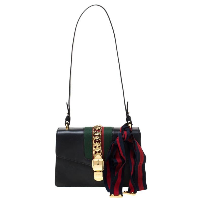Gucci Black Small Leather Web Chain Sylvie Shoulder Bag