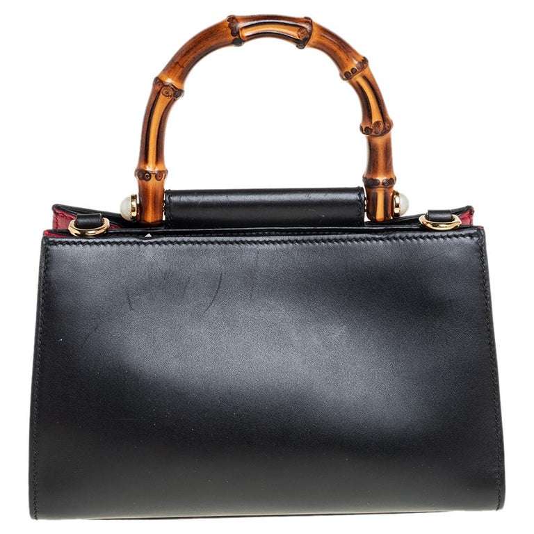 Gucci Black Smooth Leather Mini Nymphaea Bamboo Top Handle Bag at 1stDibs