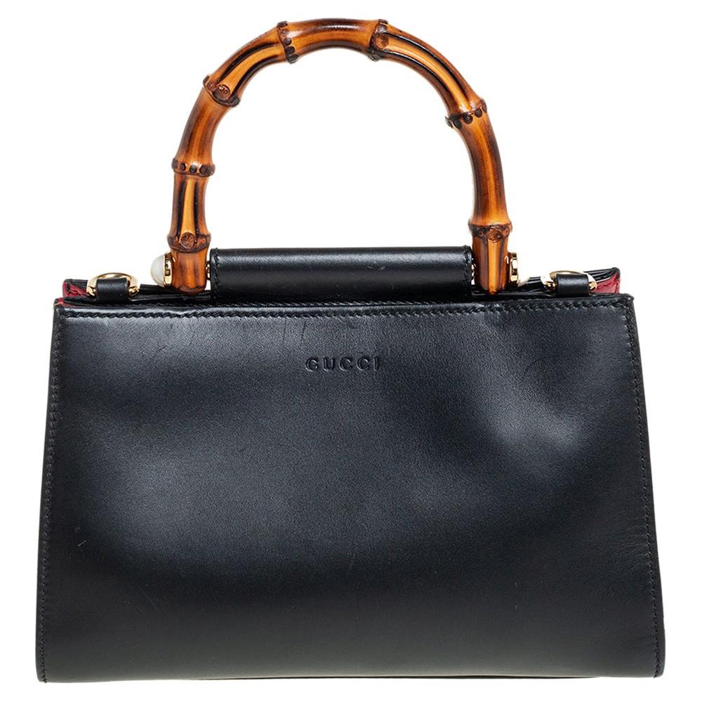 Gucci Black Smooth Leather Mini Nymphaea Bamboo Top Handle Bag