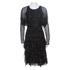 Gucci Black Snow Printed Silk Chiffon Strip Detail Long Sleeve Dress S