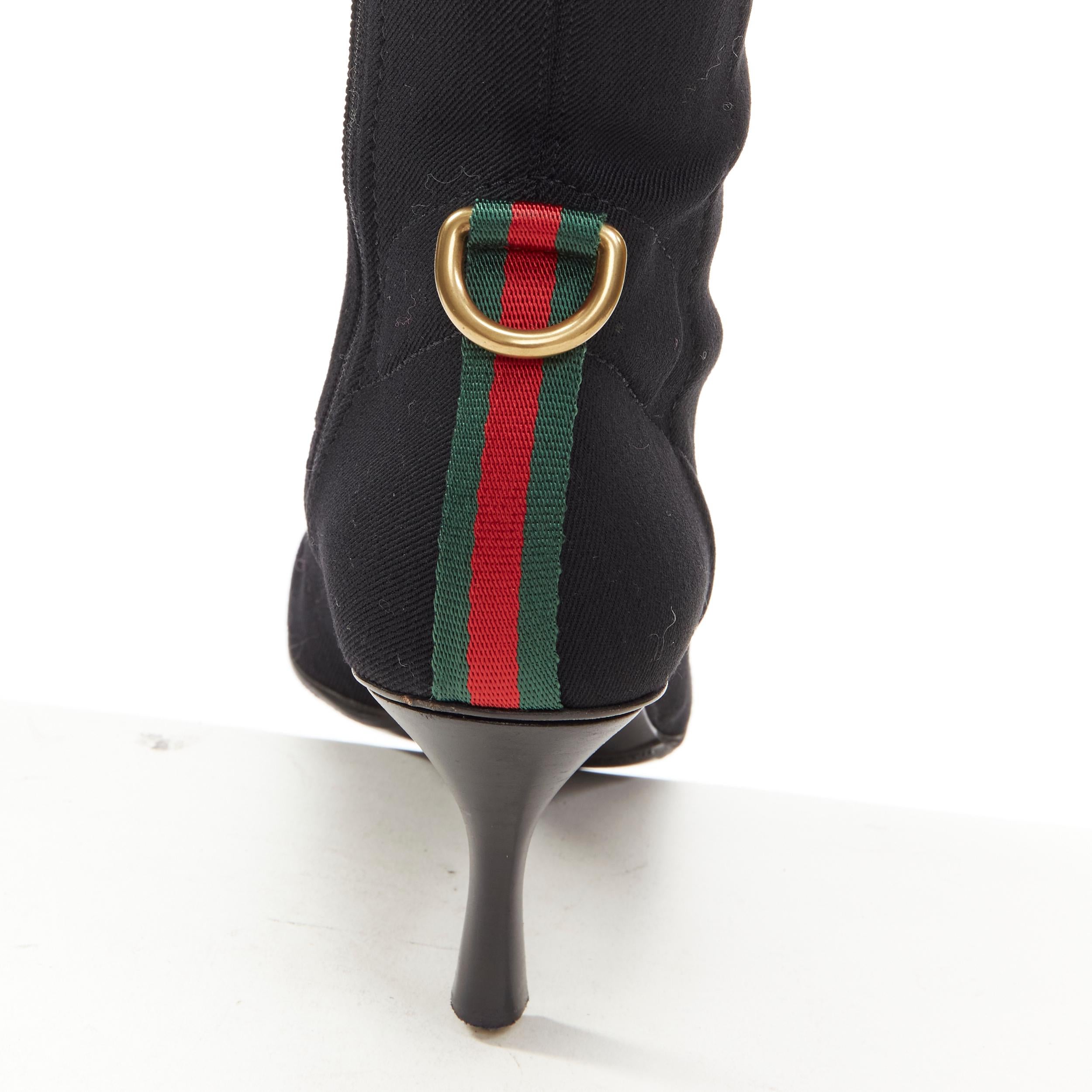 Women's GUCCI black sock knit web trim D ring high heel boot EU36.5 For Sale