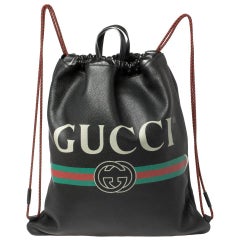 Gucci Black Soft Grain Leather Logo Drawstring Backpack