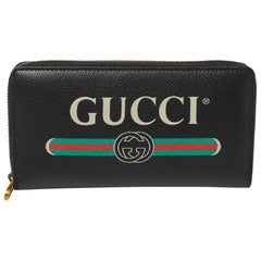 Gucci Black Soft Leather Logo Print Zip Around Continental Wallet