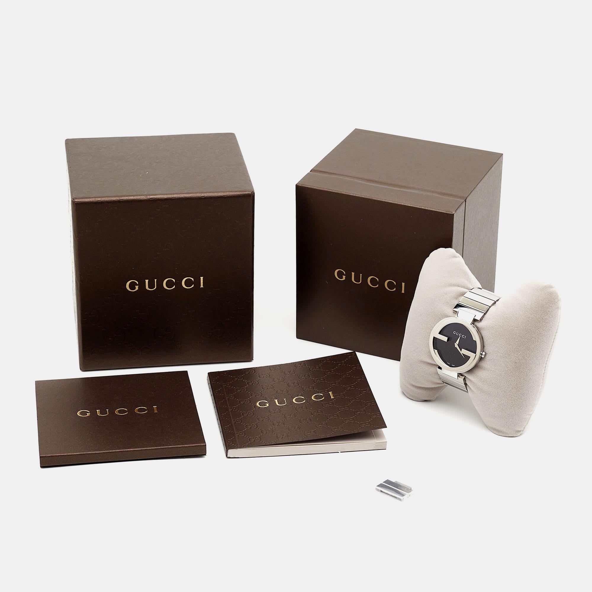 Gucci Black Stainless Steel Interlocking G YA133307 Women's Wristwatch 37 mm For Sale 7