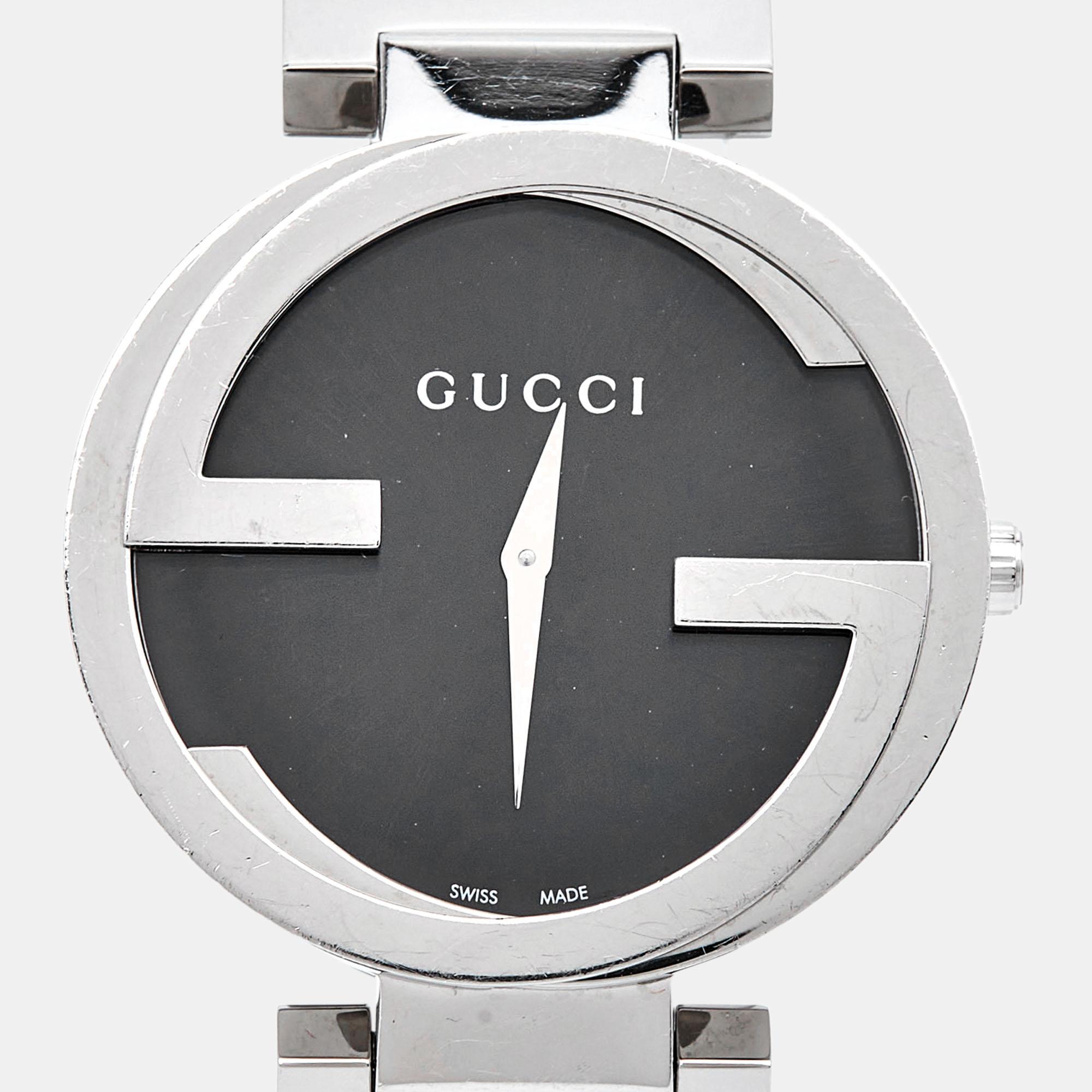 Aesthetic Movement Gucci Black Stainless Steel Interlocking G YA133307 Women's Wristwatch 37 mm For Sale