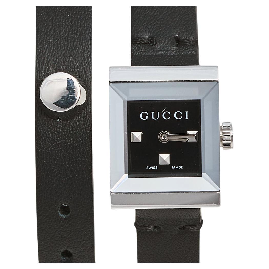 Gucci Black Stainless Steel Leather G-Frame 128.5 Women's Wristwatch 14 mm
