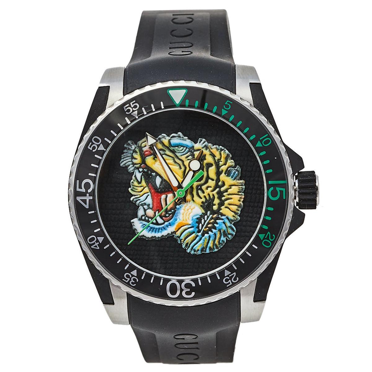 Gucci Black Stainless Steel Tiger Motif Dive YA136318 Men's Wristwatch 40  mm For Sale at 1stDibs