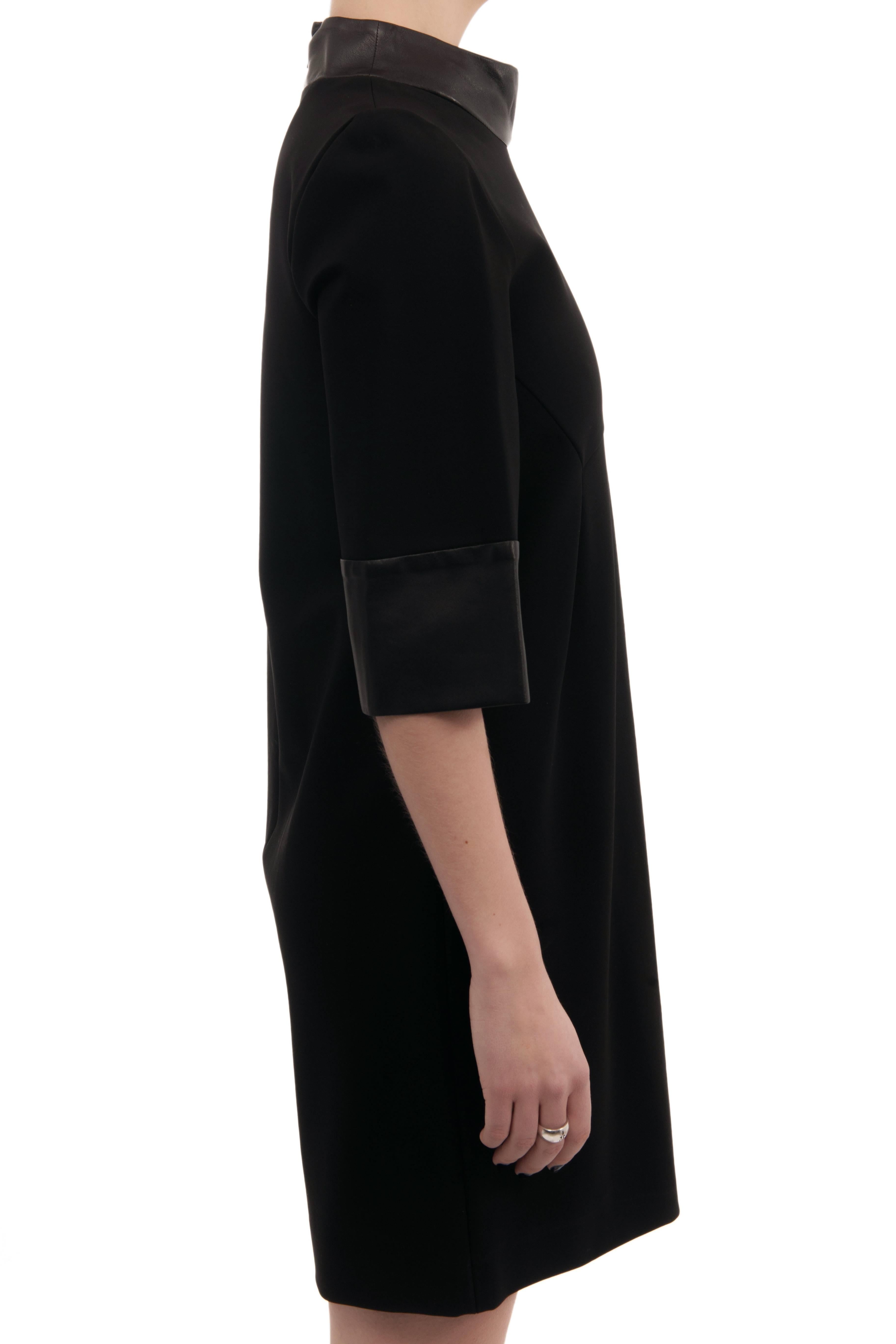 Gucci Black Stretch Crepe Dress with Leather Cuffs and Collar  For Sale 1