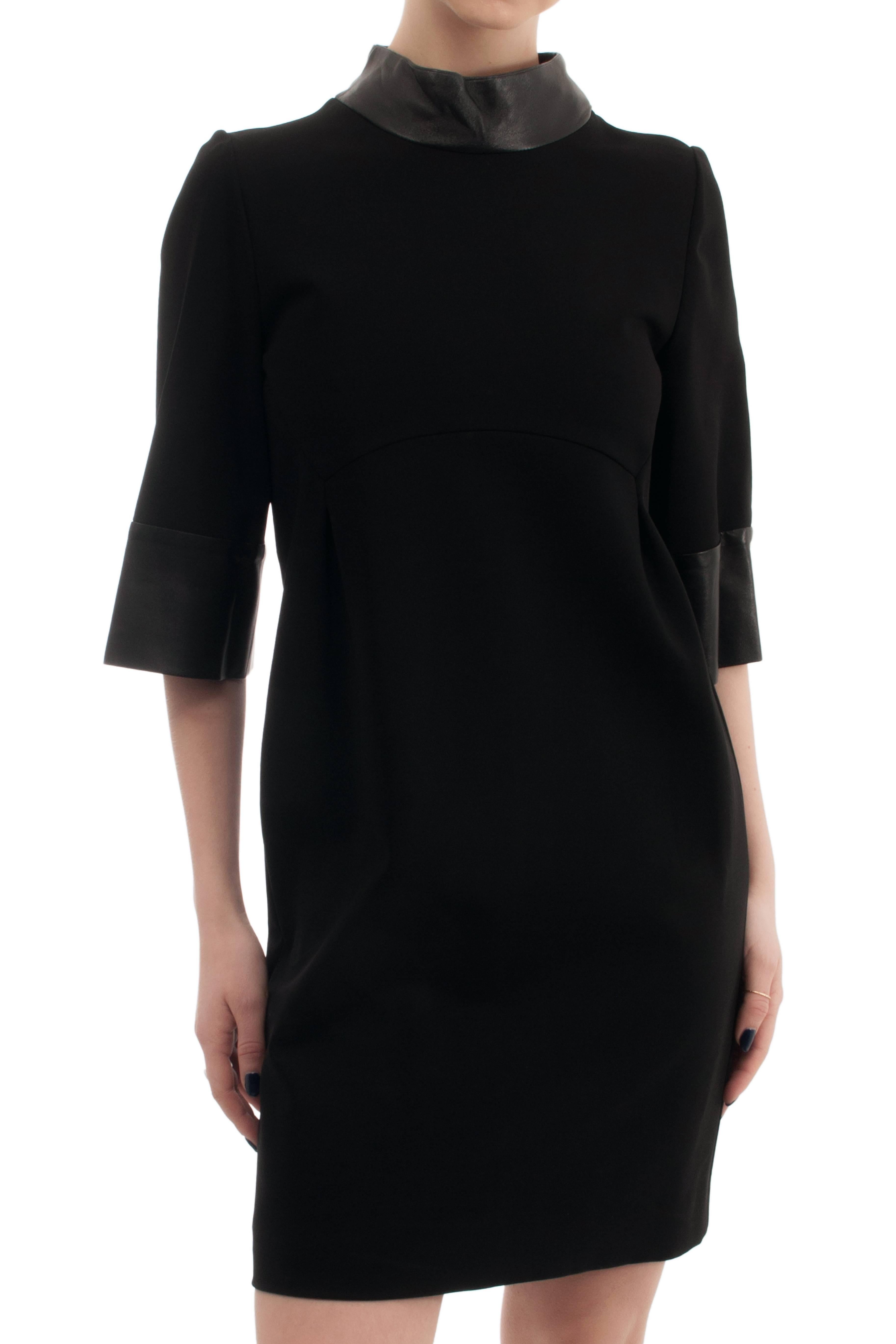 Gucci Black Stretch Crepe Dress with Leather Cuffs and Collar  For Sale 2