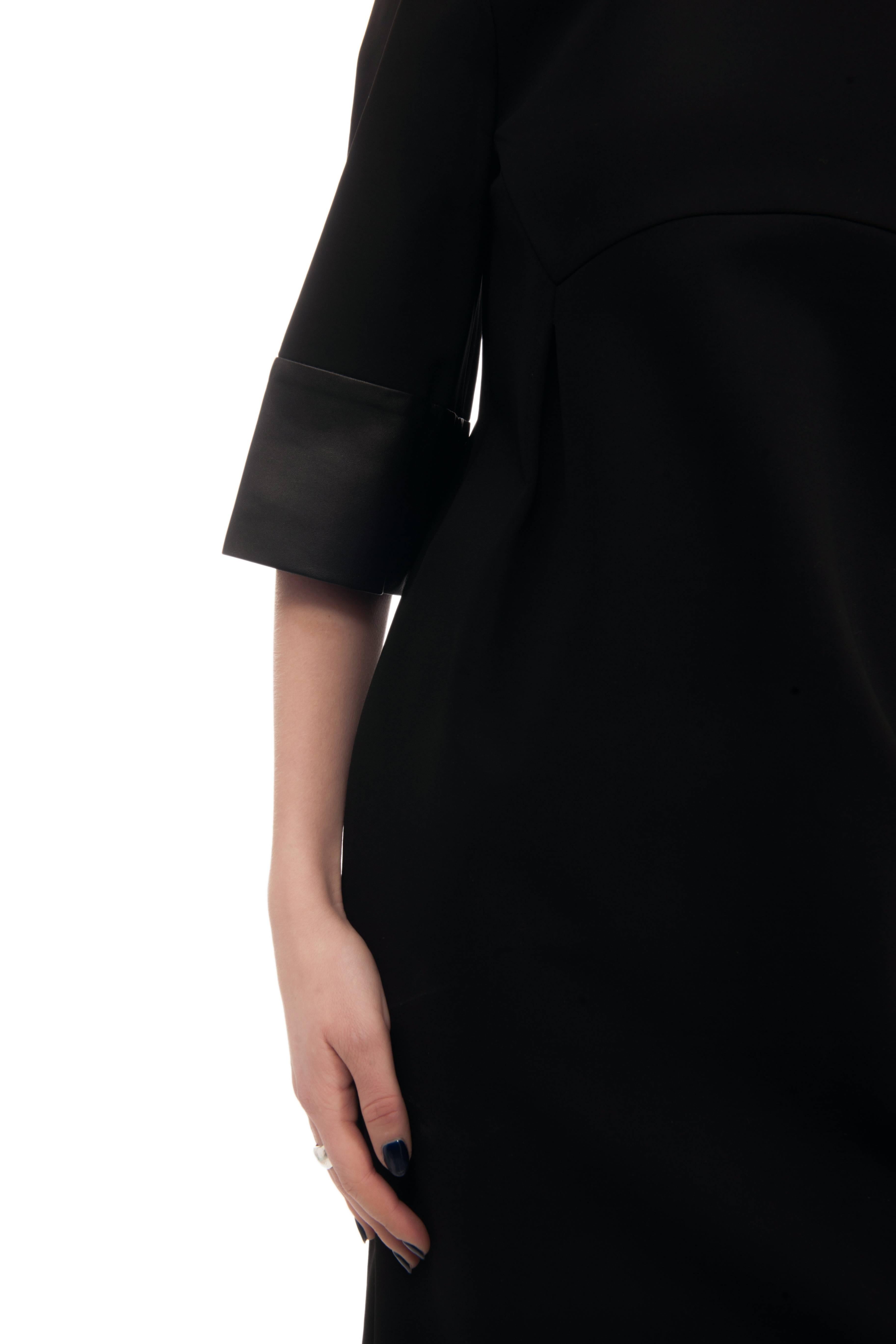 Gucci Black Stretch Crepe Dress with Leather Cuffs and Collar  For Sale 3