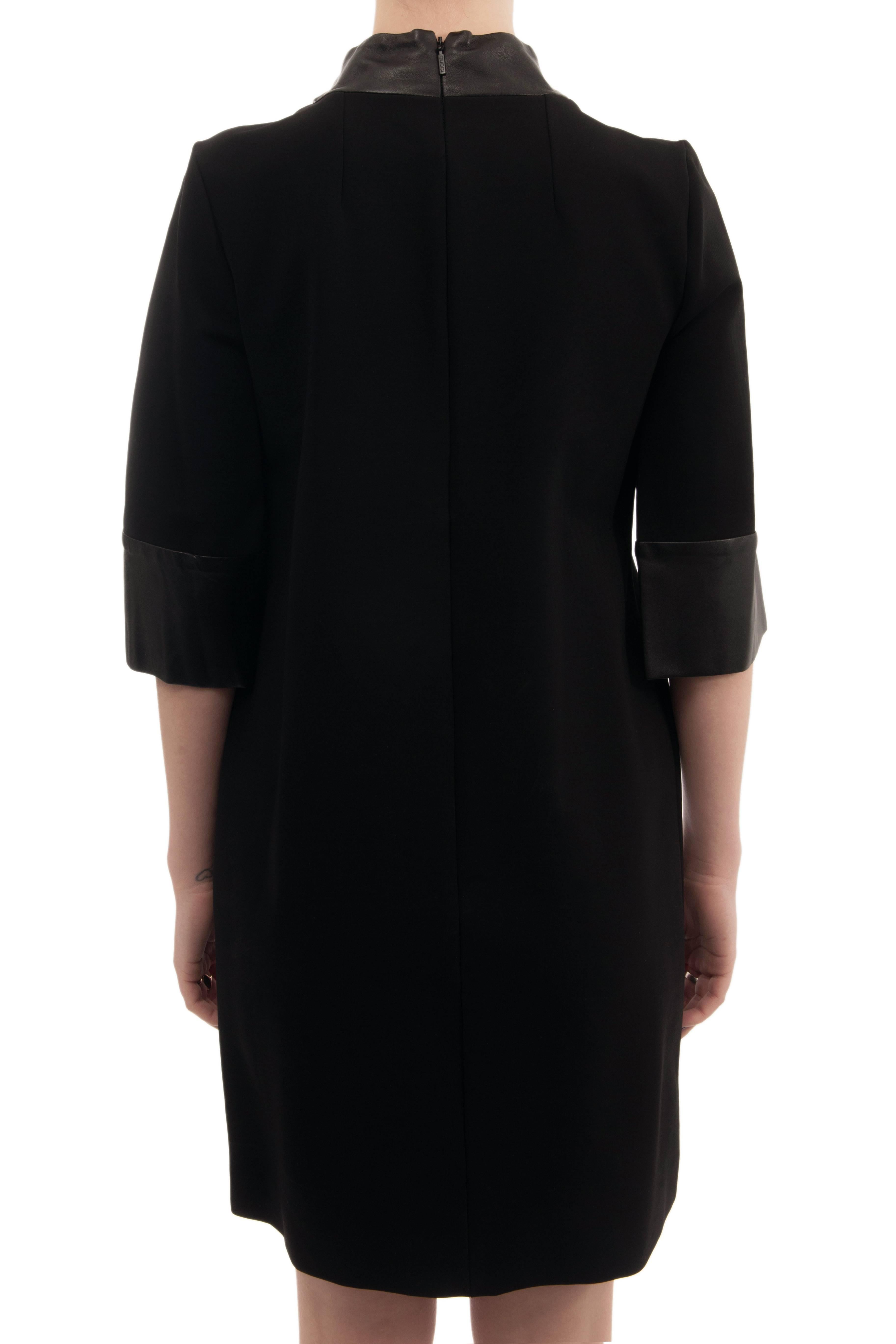 Gucci Black Stretch Crepe Dress with Leather Cuffs and Collar  For Sale 4