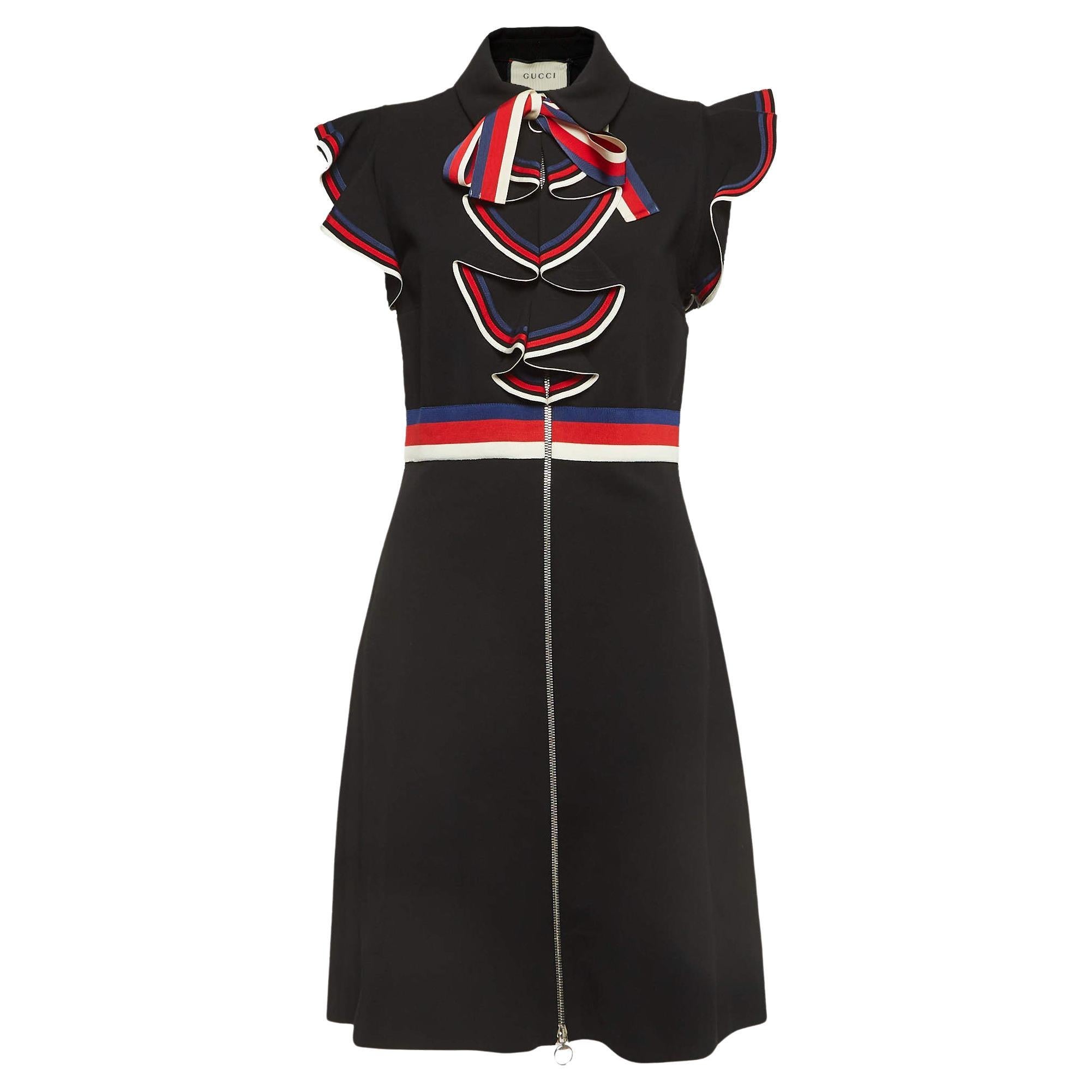 Gucci Black Stretch Jersey Sylvie Web Trim Ruffled Dress XL For Sale
