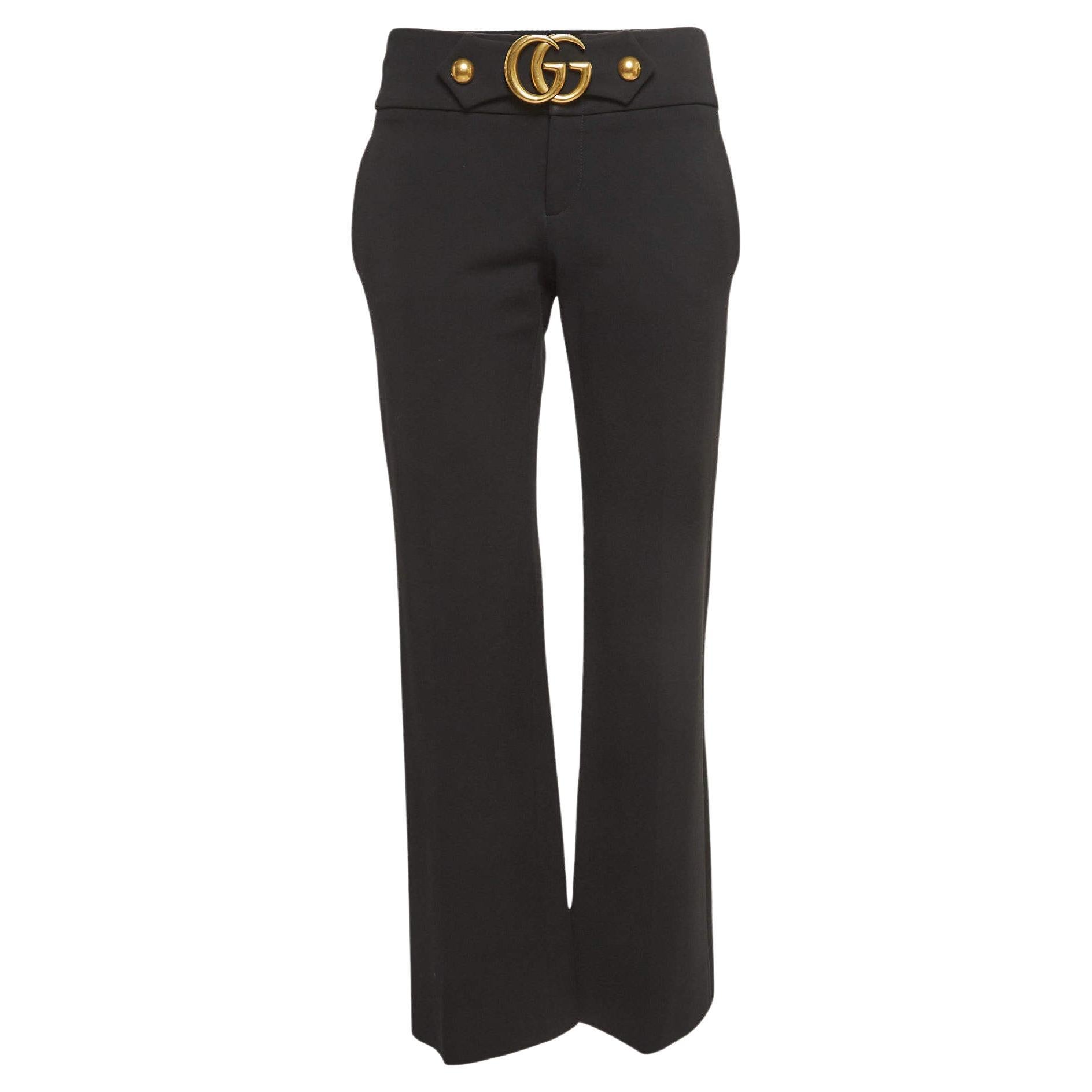 Gucci Black Stretch Knit GG Waist Detail Flared Trousers M For Sale