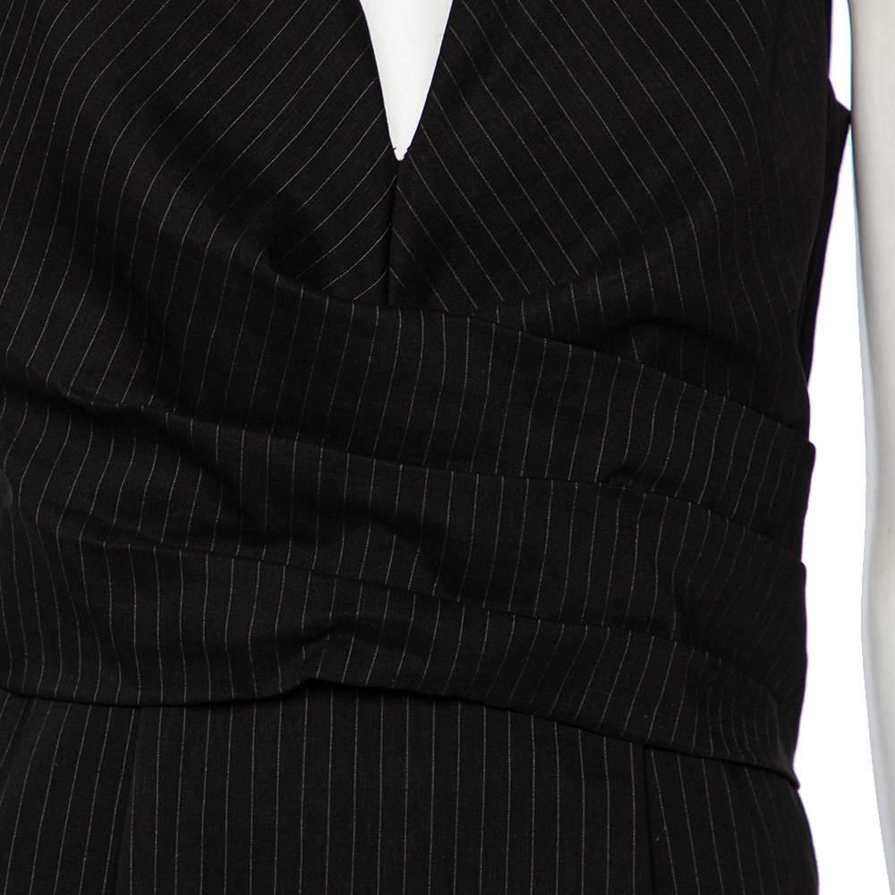 Gucci Black Striped Wool & Linen V-Neck Belted Dress M For Sale 1