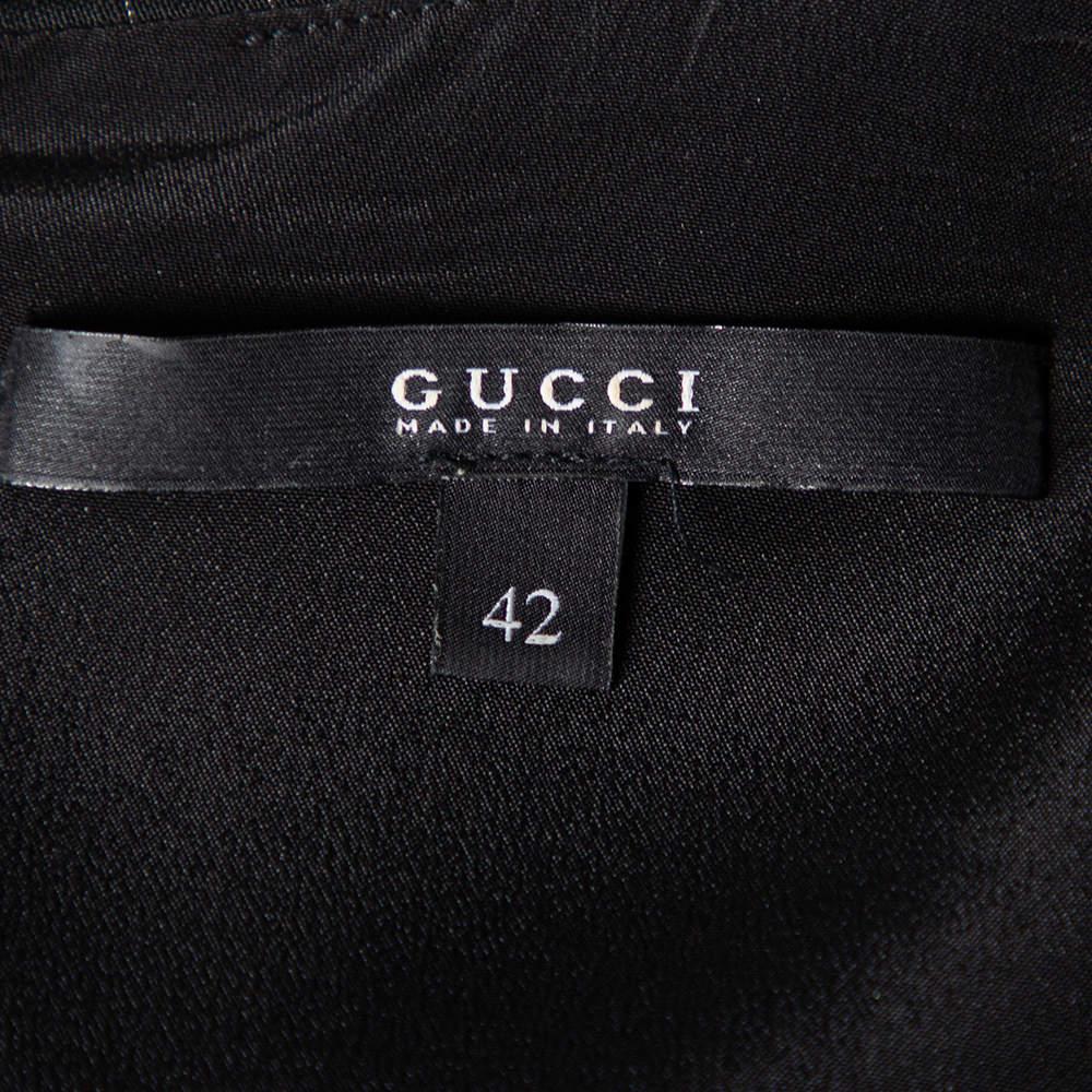 Gucci Black Striped Wool & Linen V-Neck Belted Dress M For Sale 5