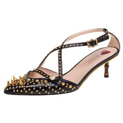 Gucci Black Studded Leather Unia Baboo Heel Strappy Sandals Size 37.5