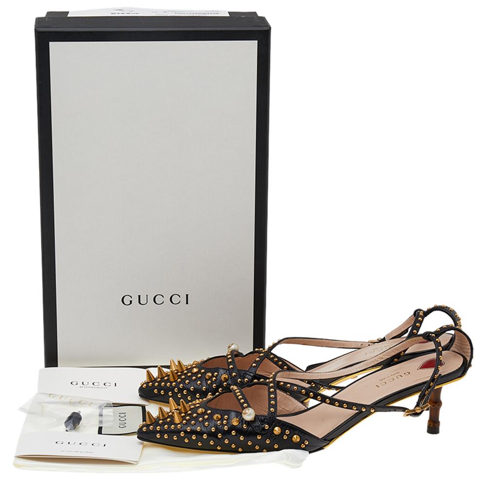 Gucci Black Studded Leather Unia Baboo Heel Strappy Sandals Size 39 2