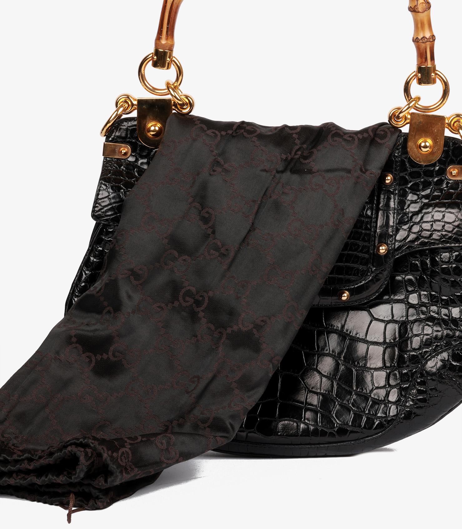Gucci Black Studded Shiny Alligator Leather Vintage Bamboo Top Handle 7