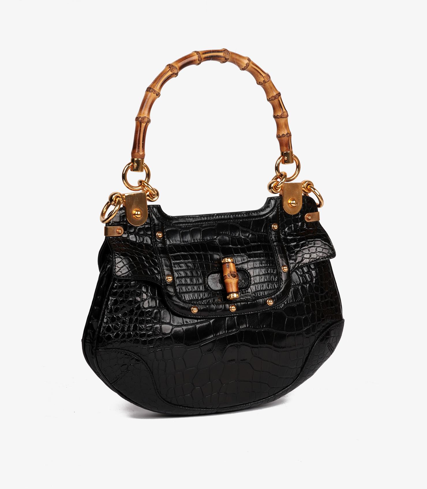 Gucci Black Studded Shiny Alligator Leather Vintage Bamboo Top Handle In Good Condition In Bishop's Stortford, Hertfordshire