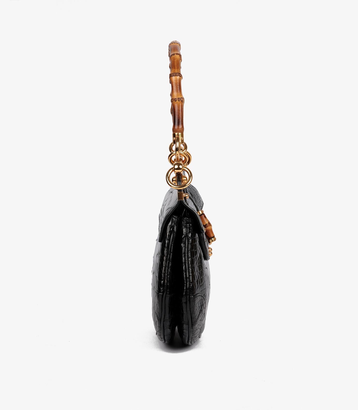Women's Gucci Black Studded Shiny Alligator Leather Vintage Bamboo Top Handle