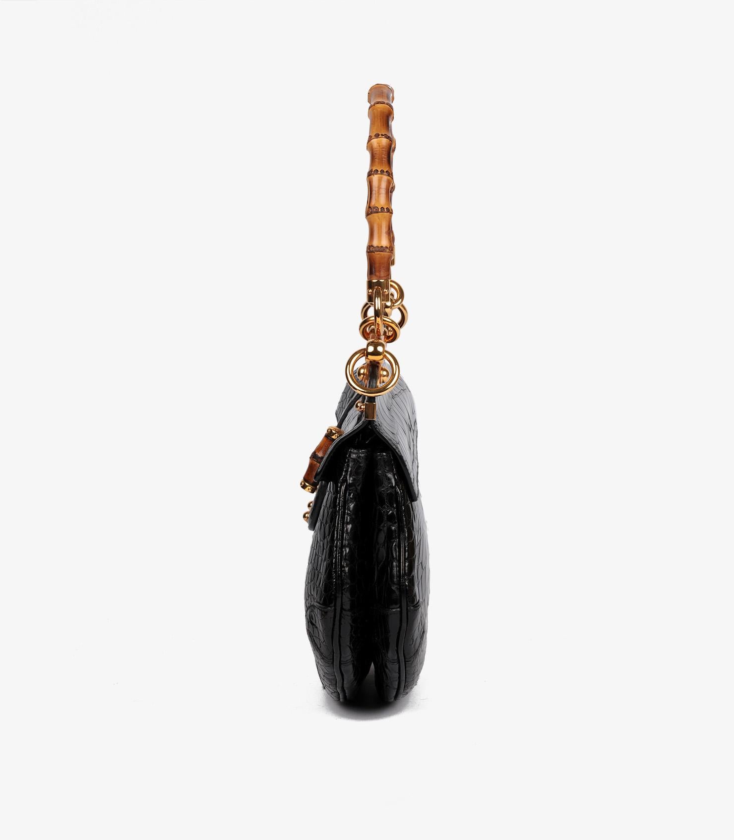 Gucci Black Studded Shiny Alligator Leather Vintage Bamboo Top Handle Pour femmes en vente