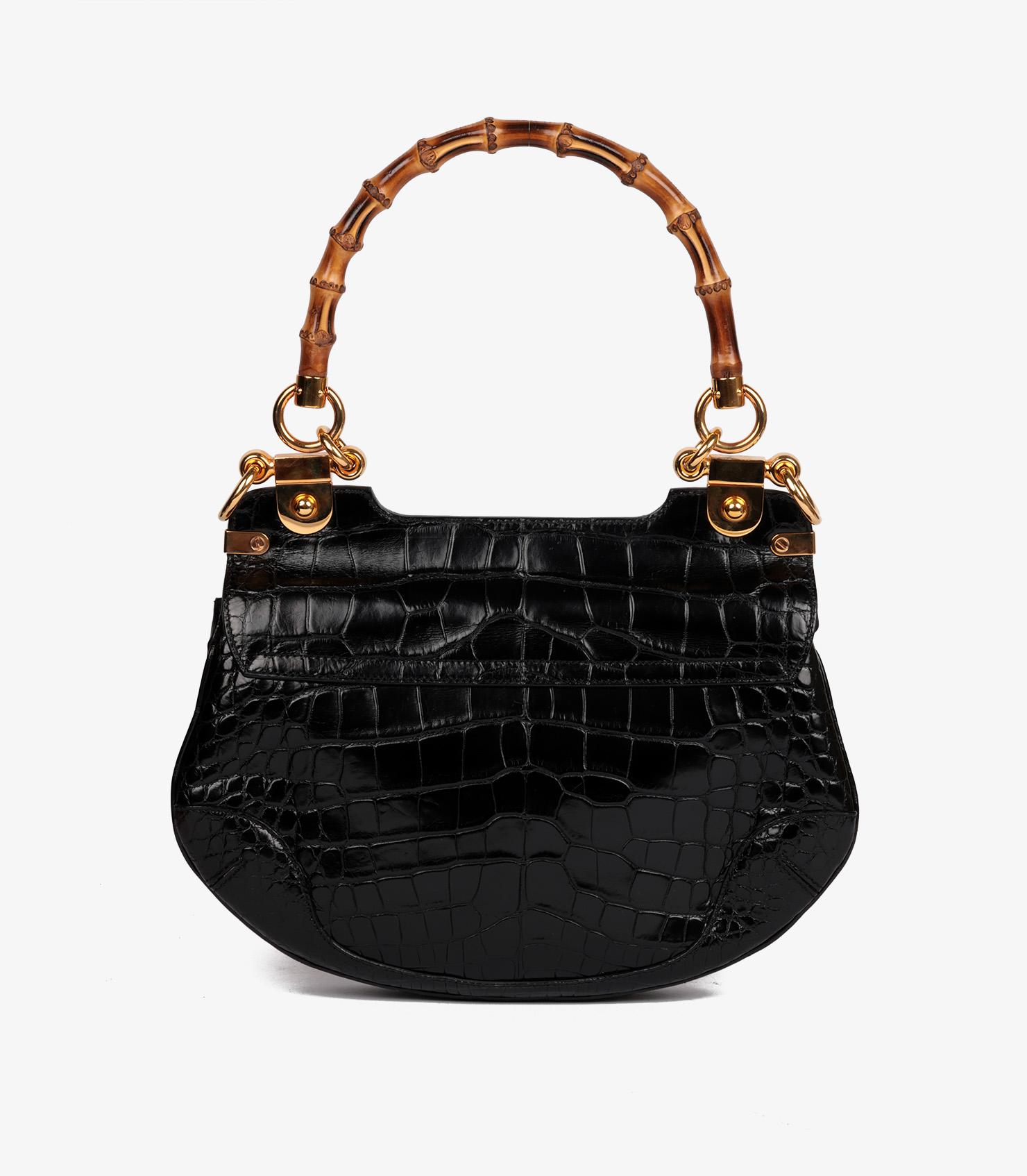 Gucci Black Studded Shiny Alligator Leather Vintage Bamboo Top Handle 2