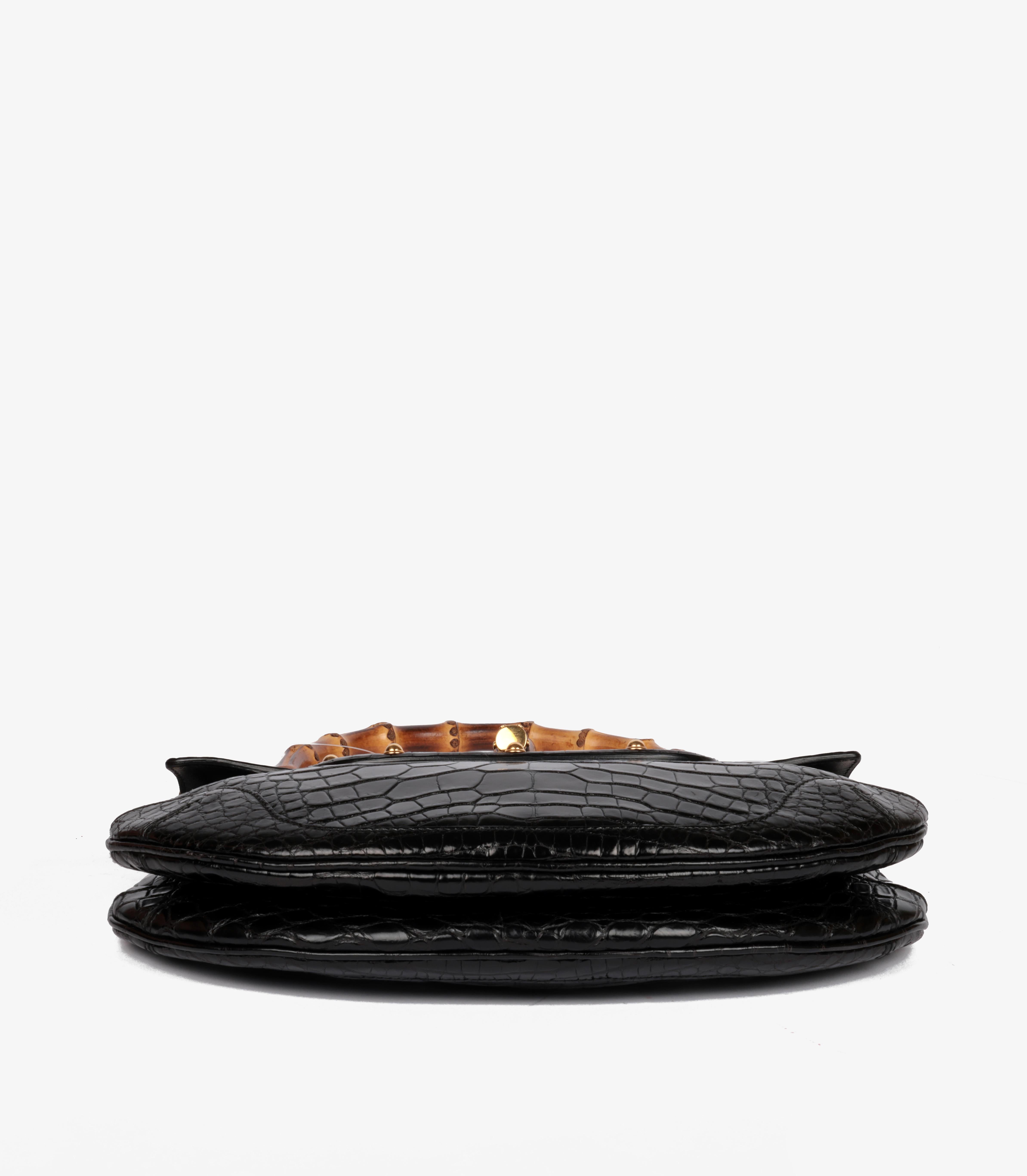 Gucci Black Studded Shiny Alligator Leather Vintage Bamboo Top Handle 3