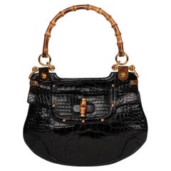 Gucci Black Studded Shiny Alligator Leather Vintage Bamboo Top Handle