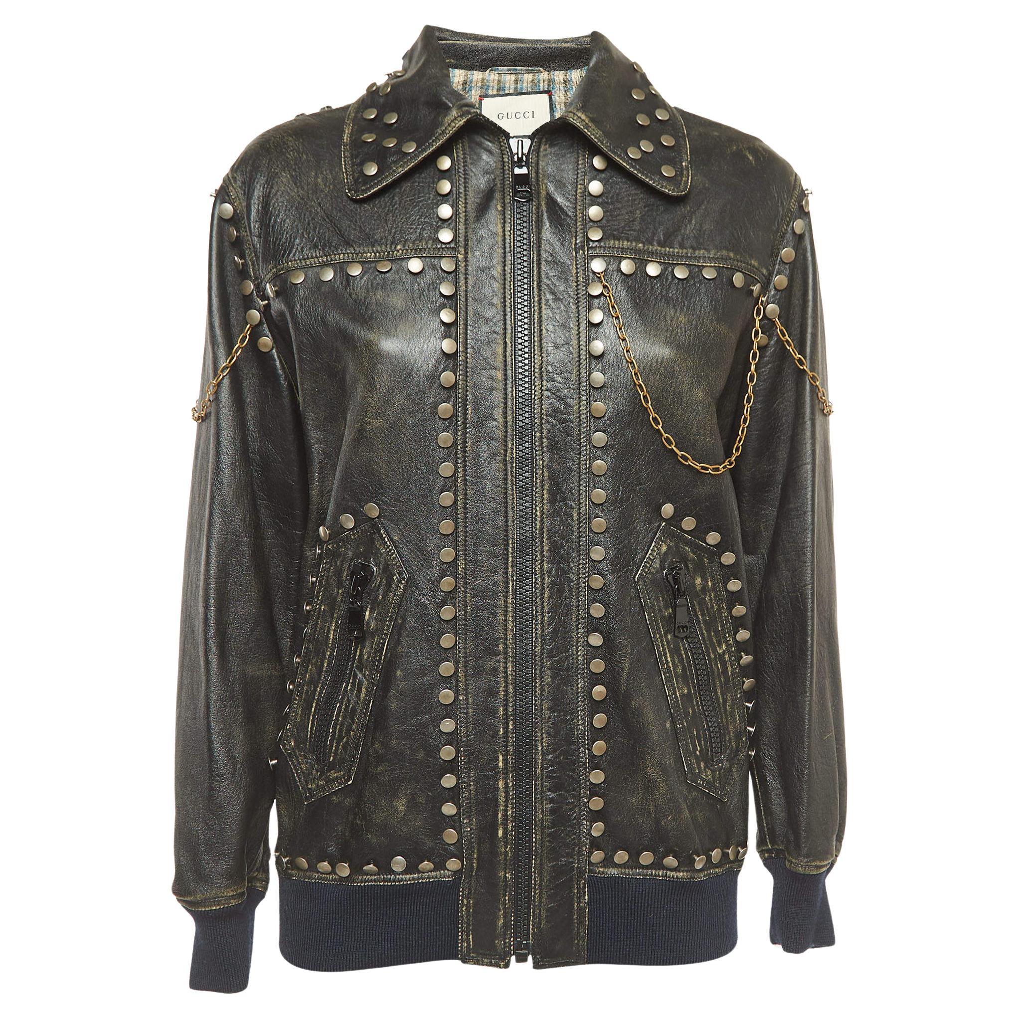 Gucci Black Studded Vintage Style Leather Jacket M For Sale