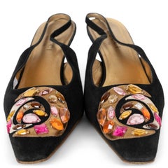 GUCCI black suede 1990s CRYSTAL Slingbacks Shoes 38.5