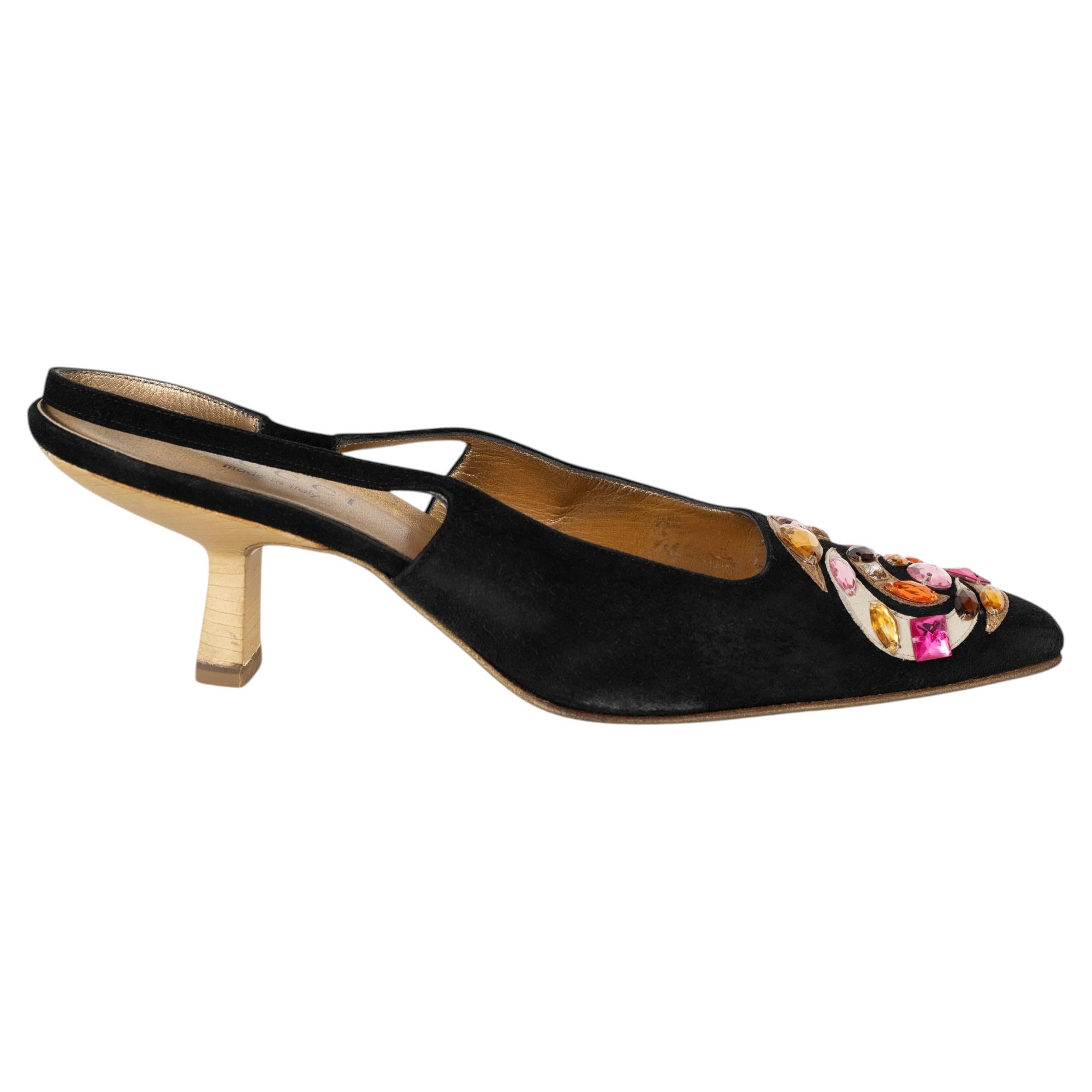 Gucci daim noir 1990 CRYSTAL Slingbacks Chaussures 38.5 en vente