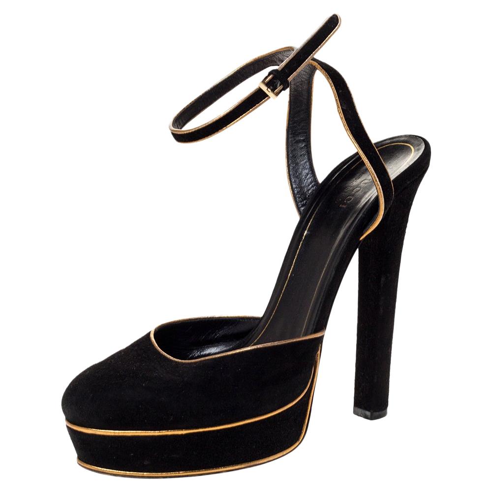Gucci Black Suede And Gold Leather Trim Ankle Strap Platform Sandals Size 39