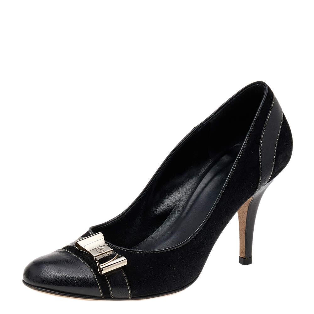 These pumps from Gucci look absolutely lovely and are sure to make you stand out! They are crafted from the signature GG suede and feature leather cap toes, gold-tone hardware detailing on the uppers, comfortable leather-lined insoles, and stiletto
