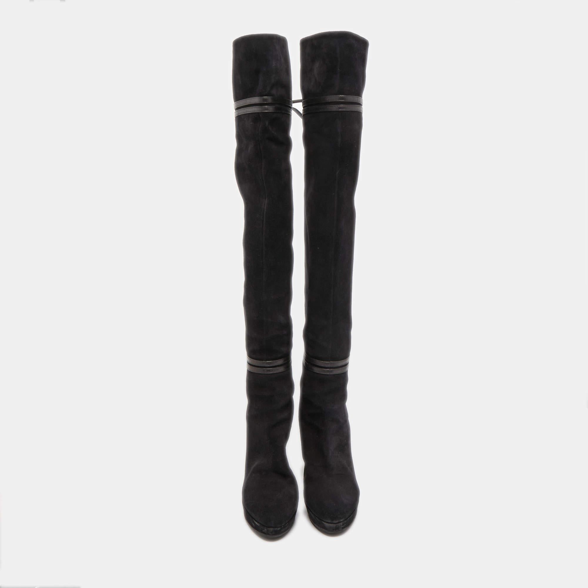 Gucci Black Suede and Leather Bow Over The Knee Boots Size 36.5 In Good Condition For Sale In Dubai, Al Qouz 2