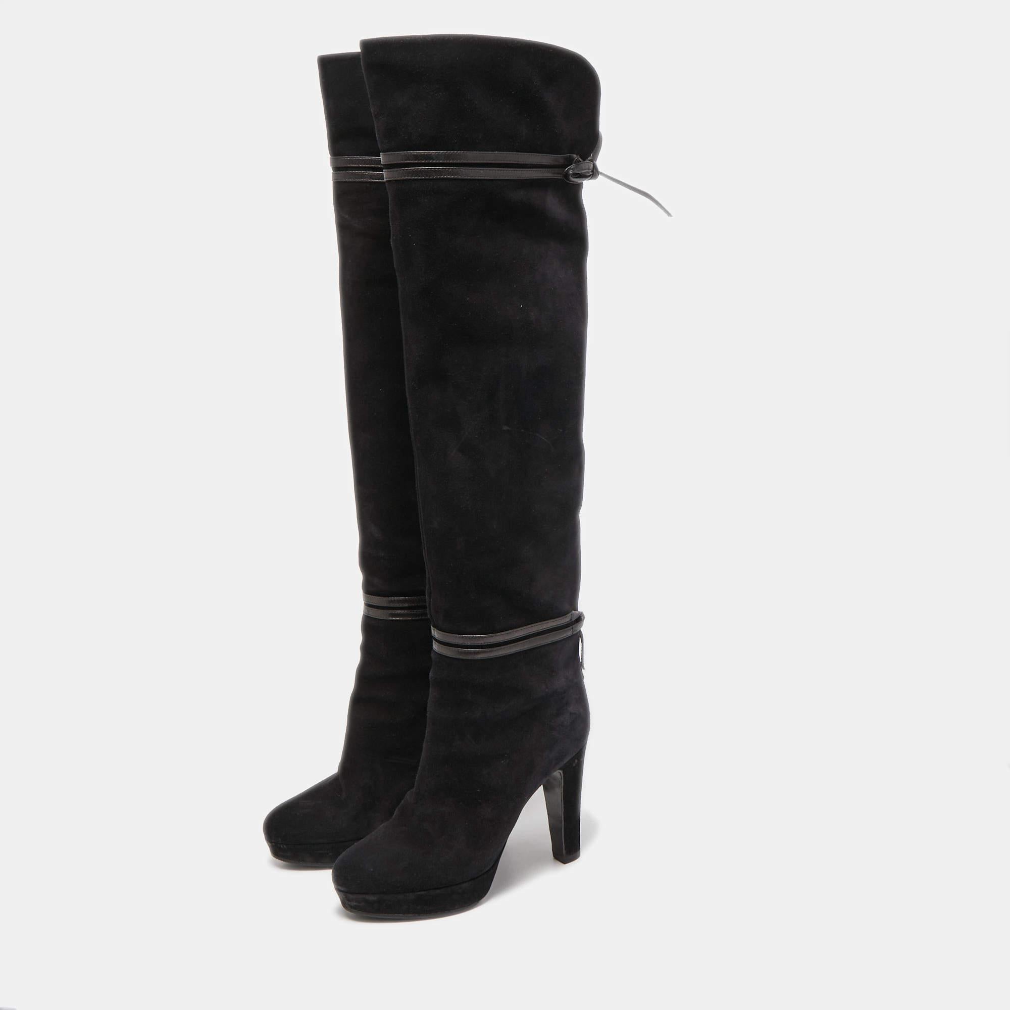 Women's or Men's Gucci Black Suede and Leather Bow Over The Knee Boots Size 36.5 For Sale