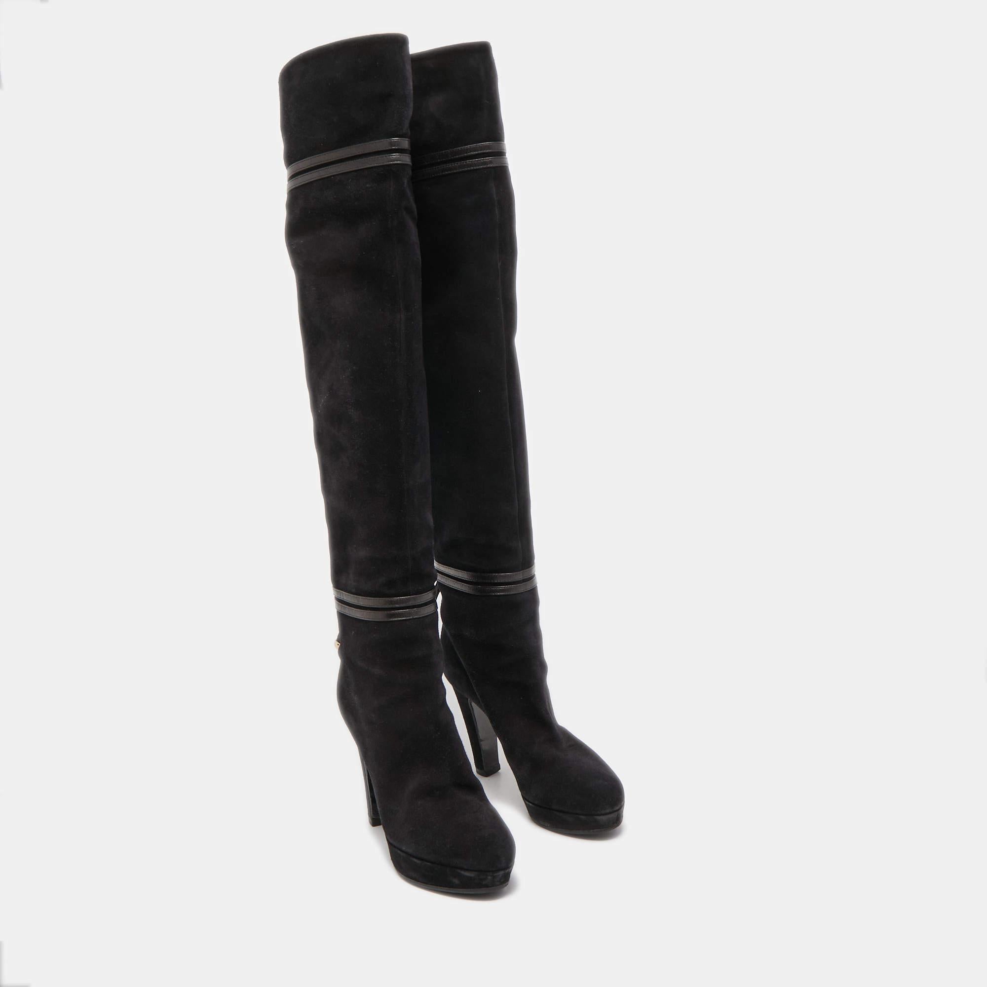 Gucci Black Suede and Leather Bow Over The Knee Boots Size 36.5 For Sale 1
