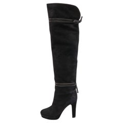 Schwarze Overknee-Stiefel aus Wildleder und Leder mit Schleife von Gucci, Größe 36,5