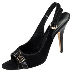 Gucci Black Suede And Leather Gold Bow Embellished Slingback Sandals Size 40.5