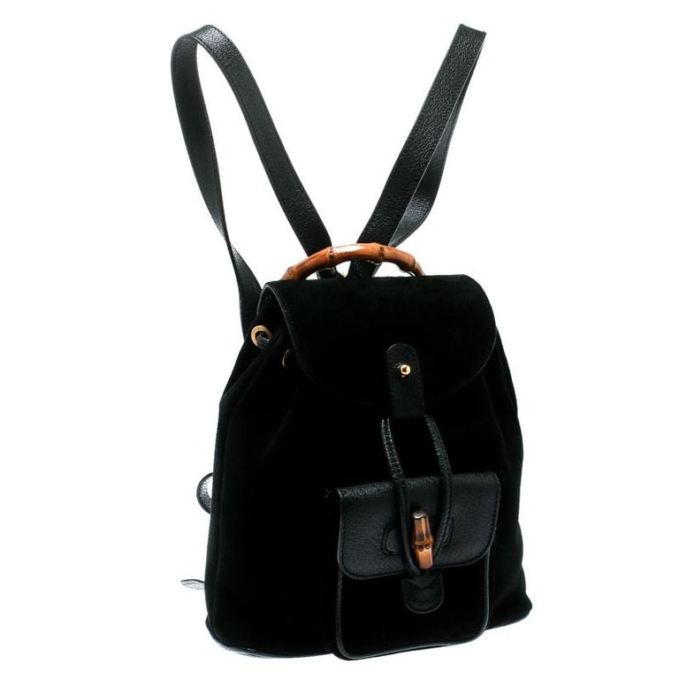 Gucci Black Suede And Leather Mini Bamboo Handle Backpack Bag For