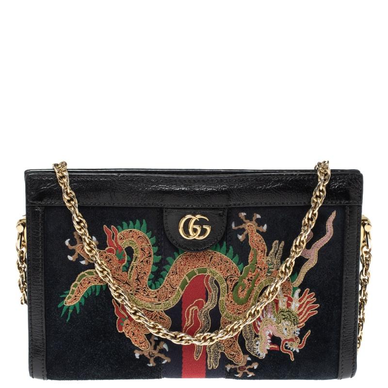 Gucci Black Suede and Leather Ophidia Dragon Bag 9