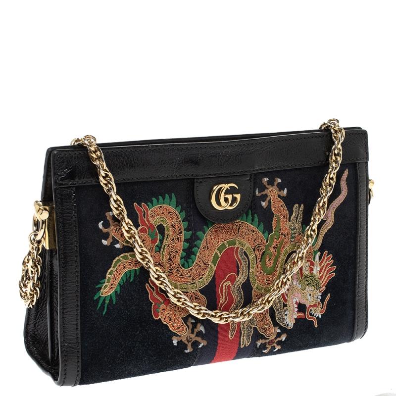 Gucci Black Suede and Leather Ophidia Dragon Bag In Good Condition In Dubai, Al Qouz 2