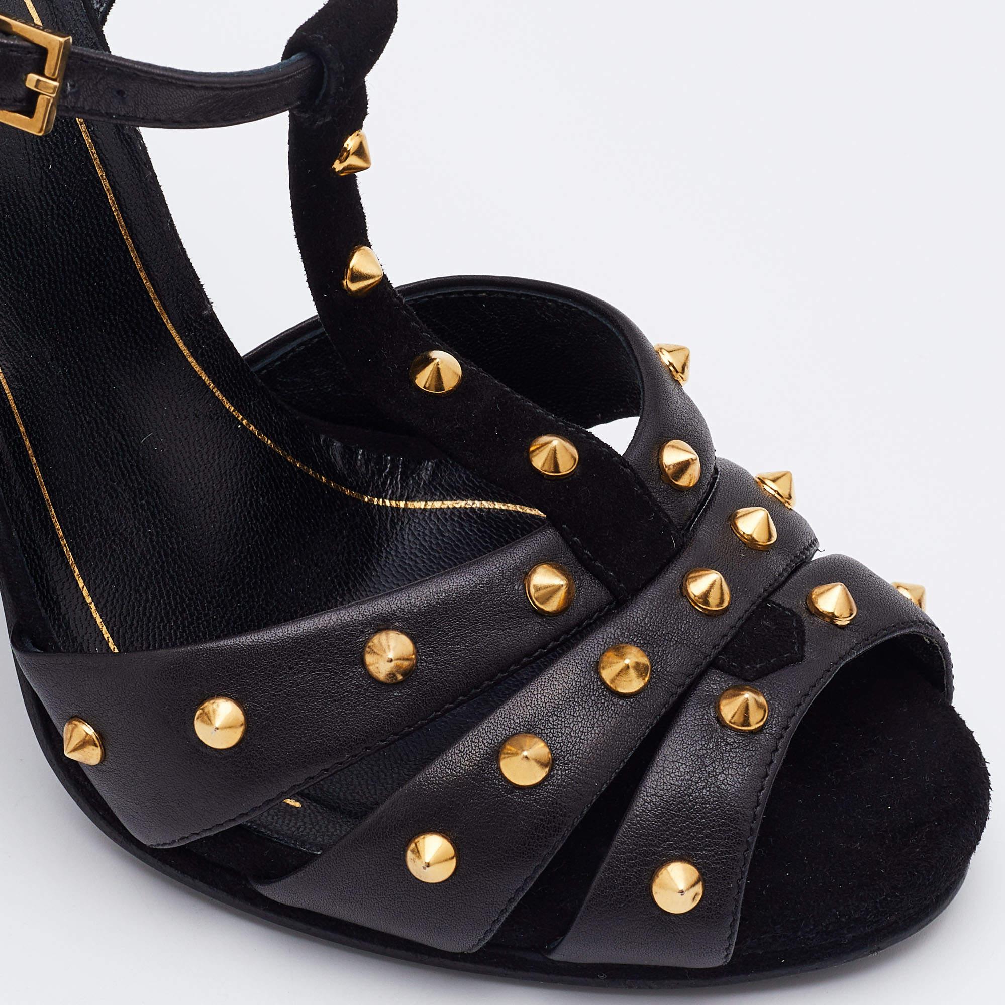Women's Gucci Black Suede and Leather Studded Ankle Strap Sandals Size 38 For Sale