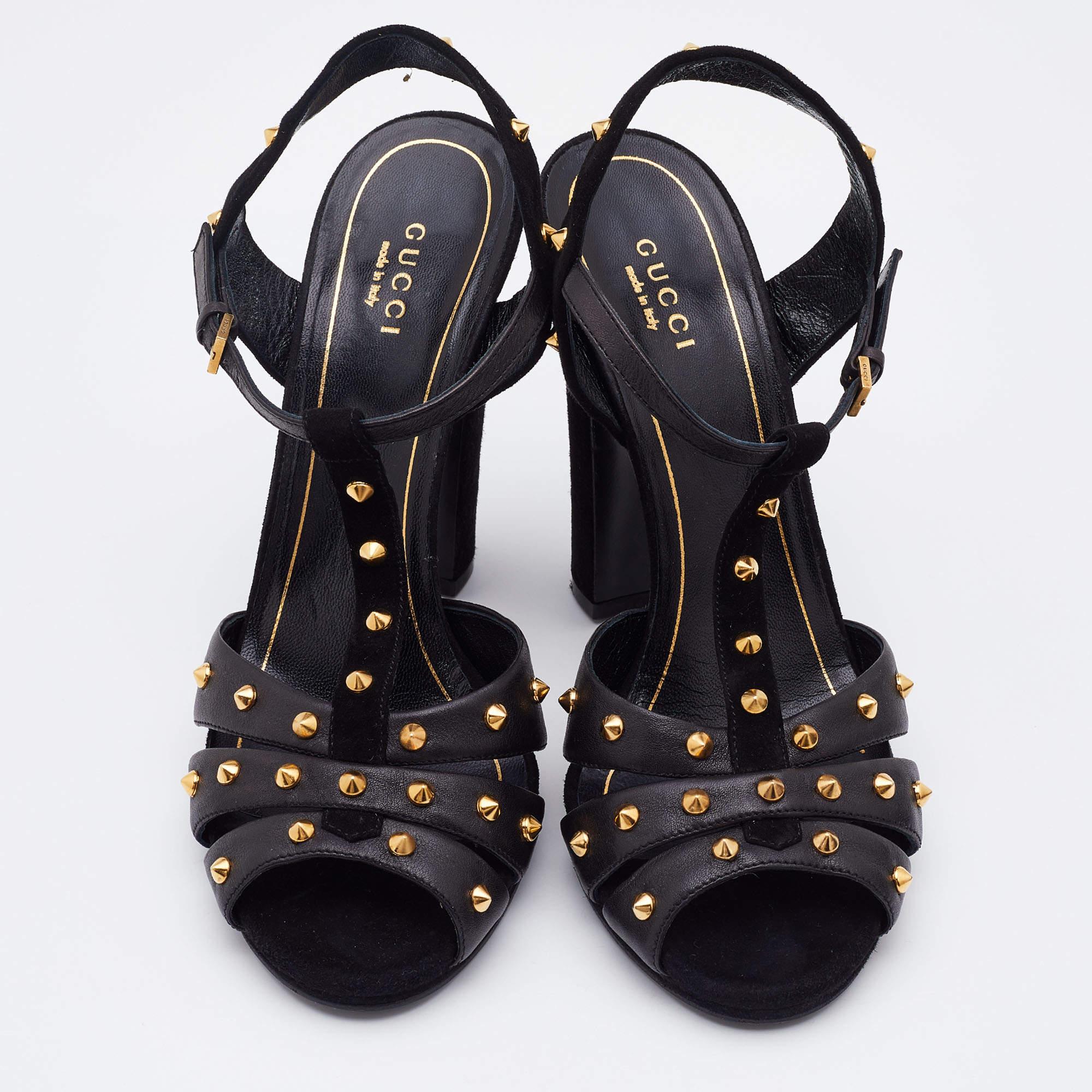 Gucci Black Suede and Leather Studded Ankle Strap Sandals Size 38 For Sale 3