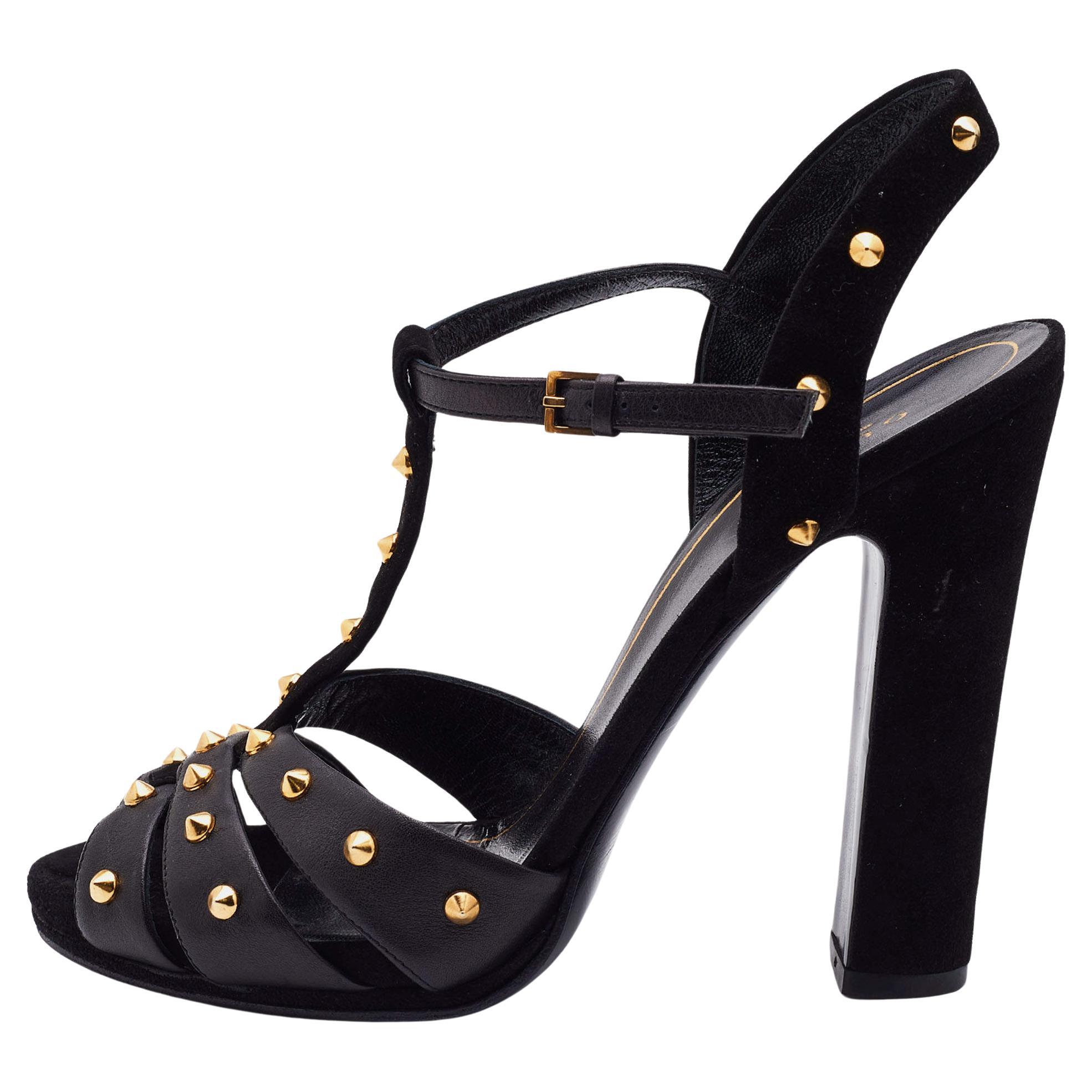 Gucci Black Suede and Leather Studded Ankle Strap Sandals Size 38 For Sale