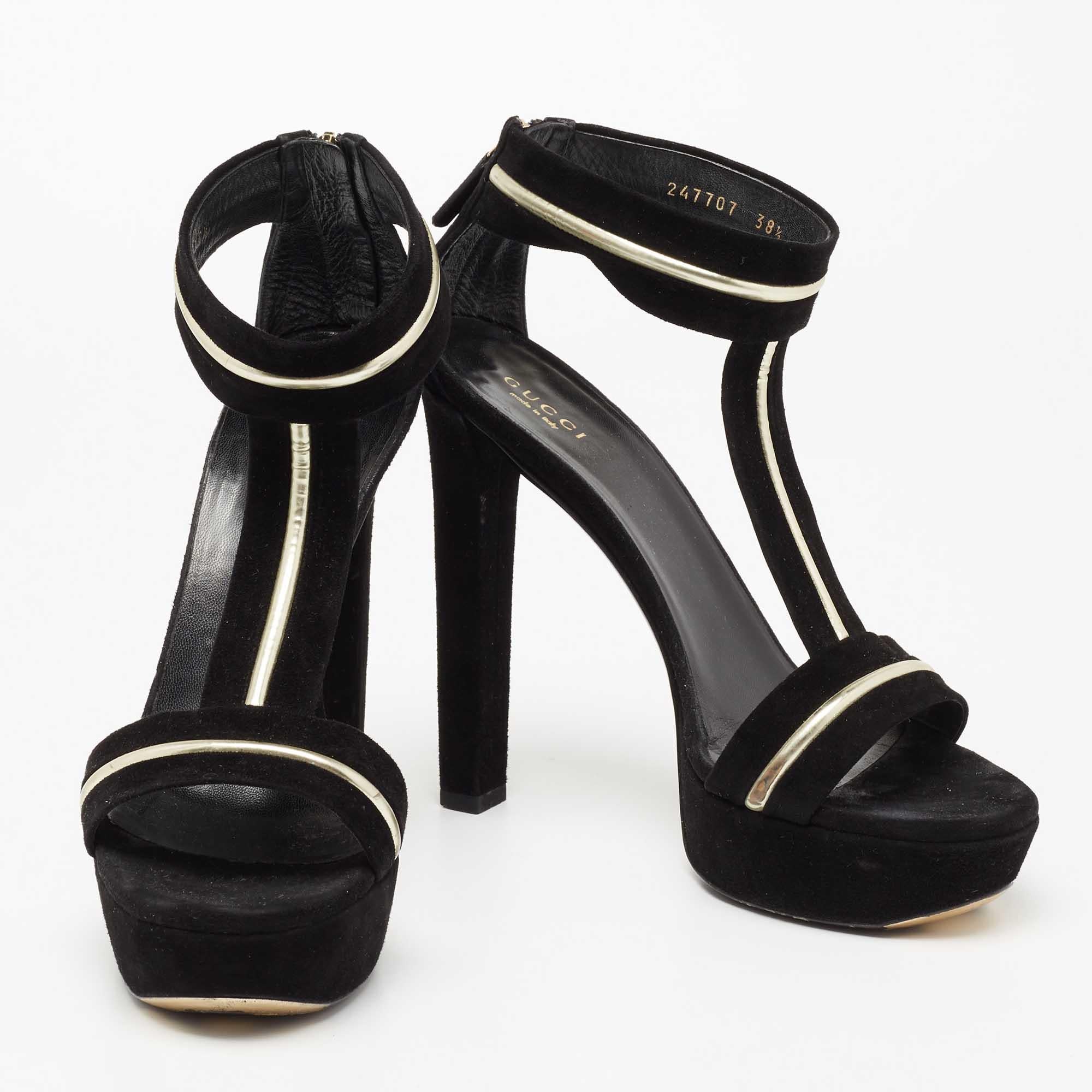 Gucci Black Suede And Leather T-Strap Platform Ankle Strap Sandals Size 38.5 In Good Condition For Sale In Dubai, Al Qouz 2
